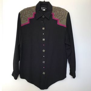 VINTAGE KAREN MCCARTY Size Large Black Rhinestone Button Down; Preloved